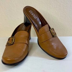 Franco Sarto Tan Mules with Gold Buckle